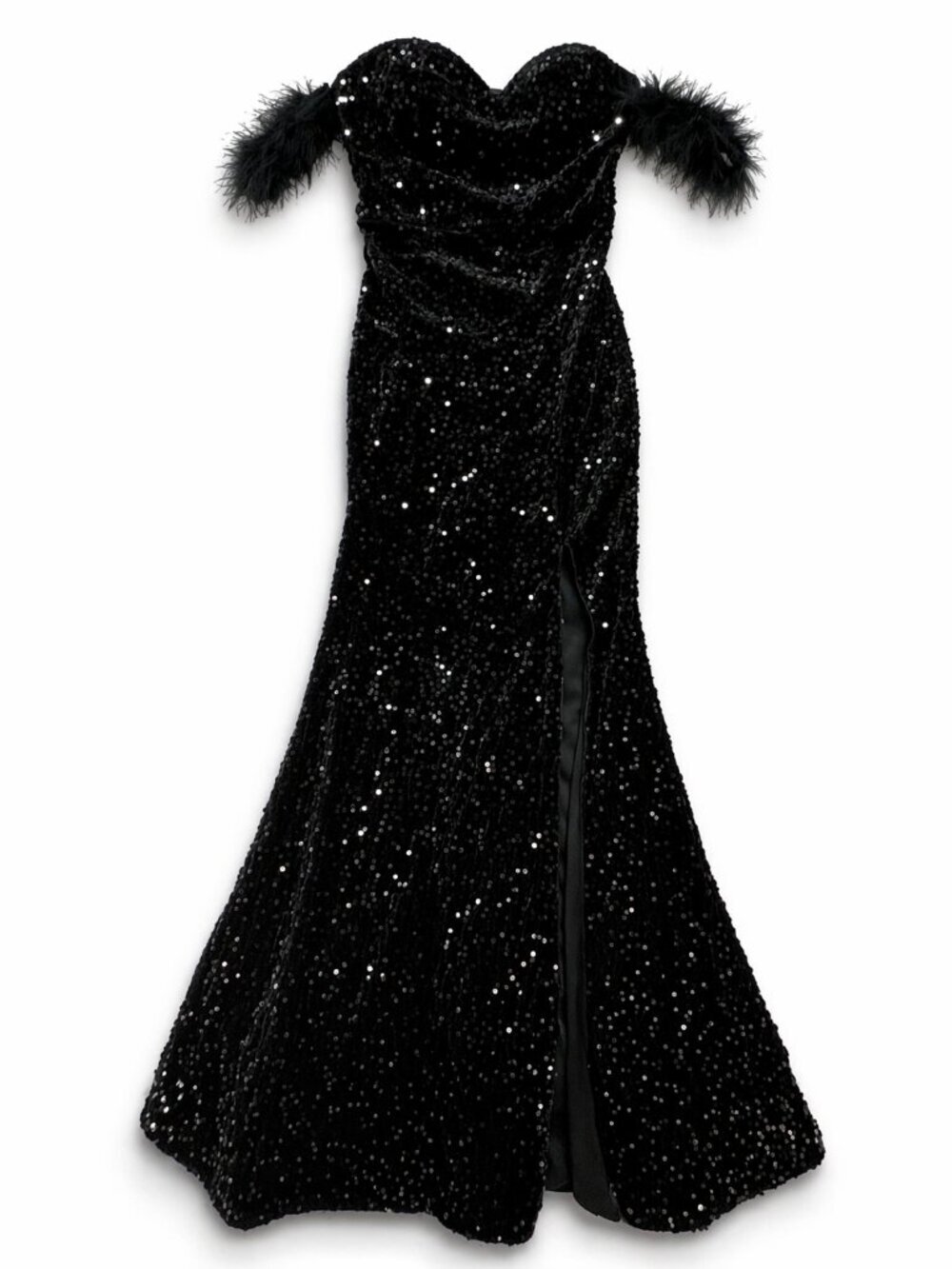 NEW Black Sequin Dress, Black Dress with Feathers Prom NWOT Size S